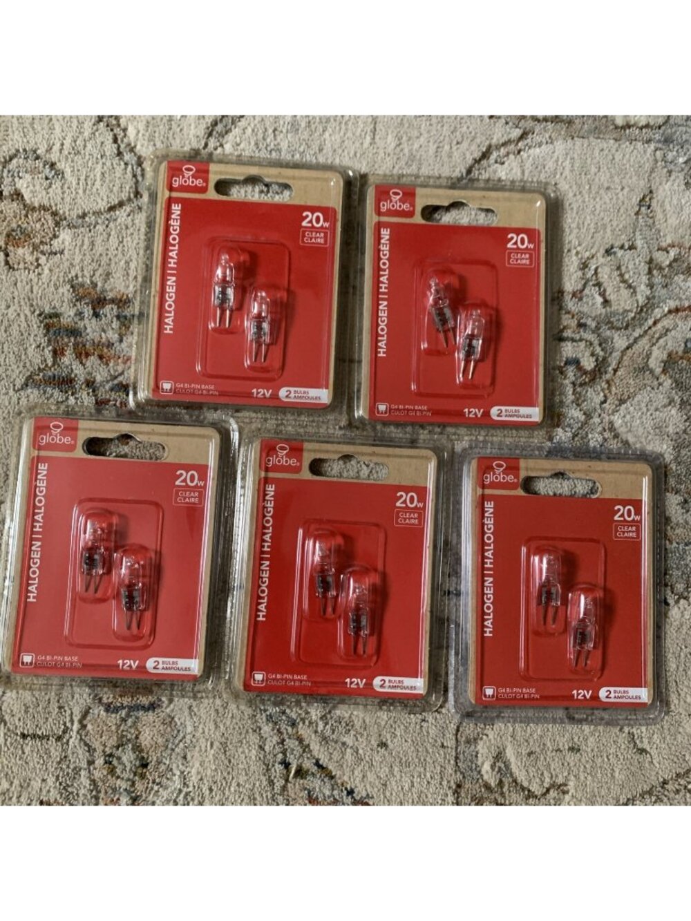 Lot of 10 Globe 20W Halogen Bulbs G4 Bi-Pin 12V Clear T3 JC NEW Sealed